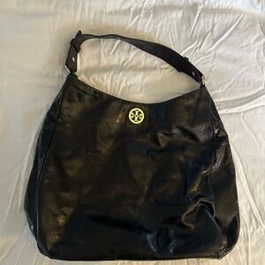 Tory Burch Dena Black Glazed Leather Hobo Shoulder Bag